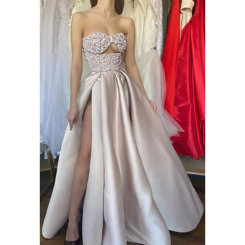 Sweetheart Sleeveless Sequined Ruched Satin A-Line Long Evening Dress