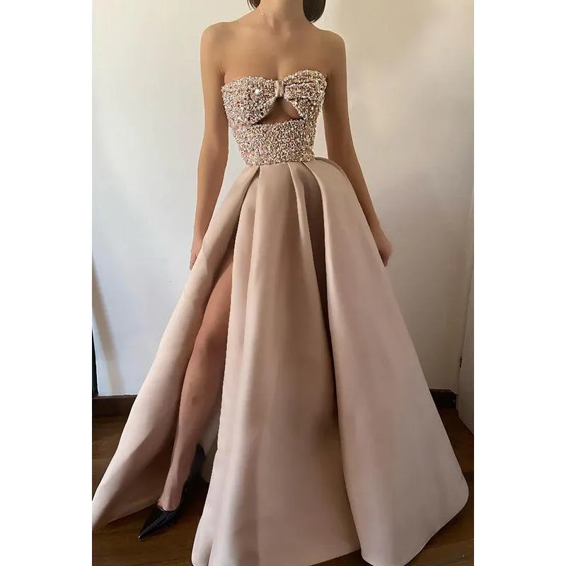 Sweetheart Sleeveless Sequined Ruched Satin A-Line Long Evening Dress