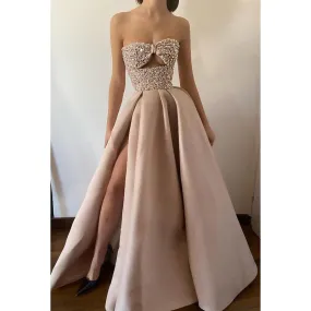 Sweetheart Sleeveless Sequined Ruched Satin A-Line Long Evening Dress