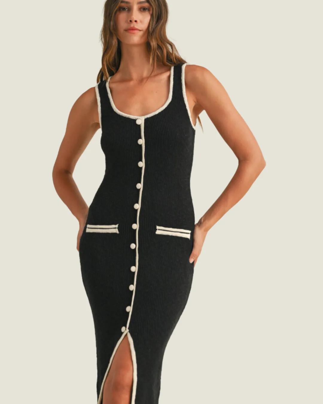 The Adriana: Sleeveless Contrast Binding Midi Dress