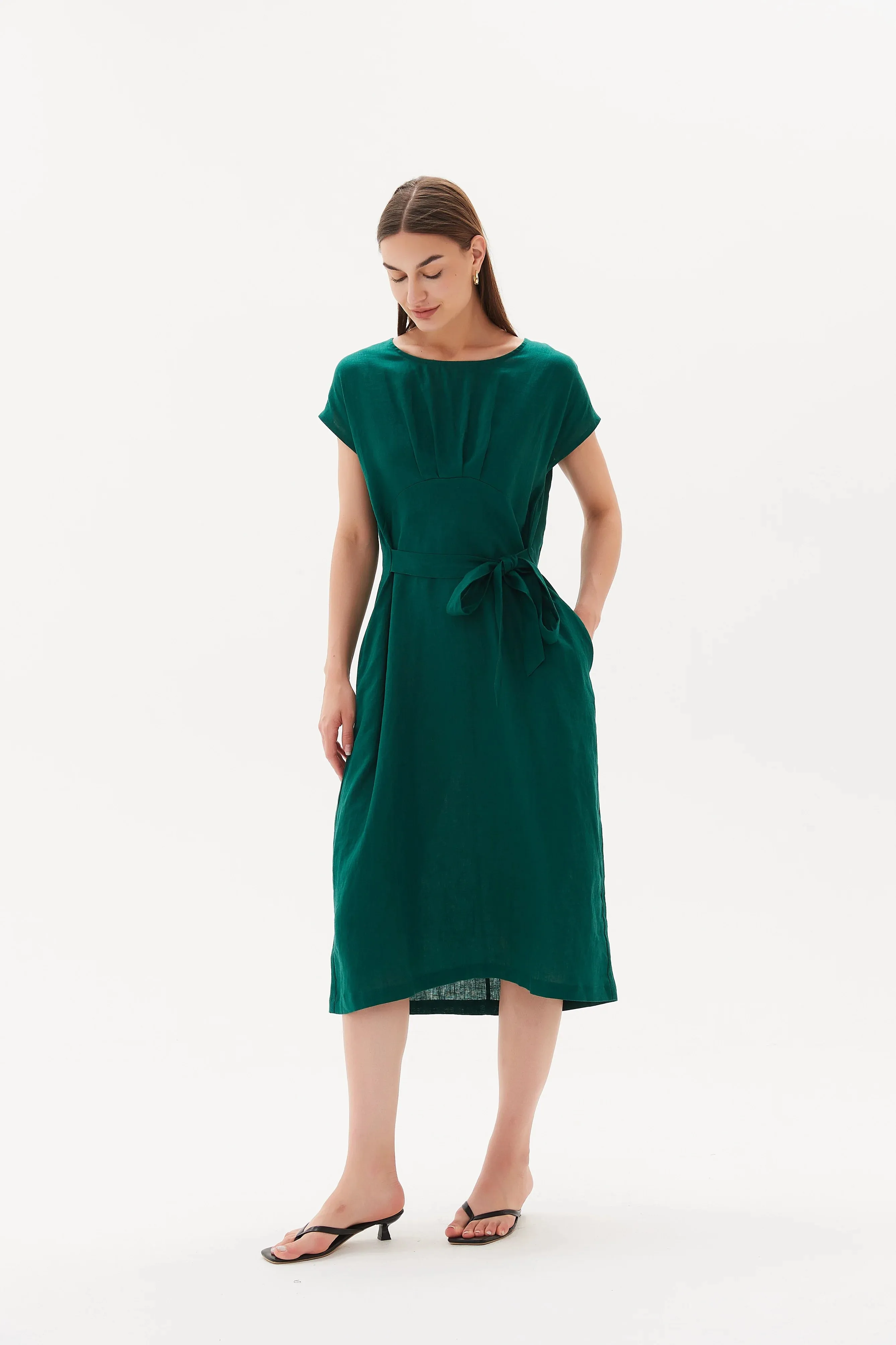 Tie Back Pleat Dress | Emerald Green