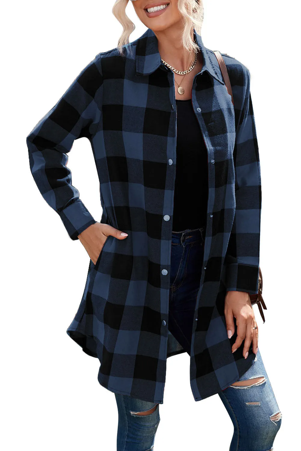 Turn-down Collar Plaid Shirt Coat