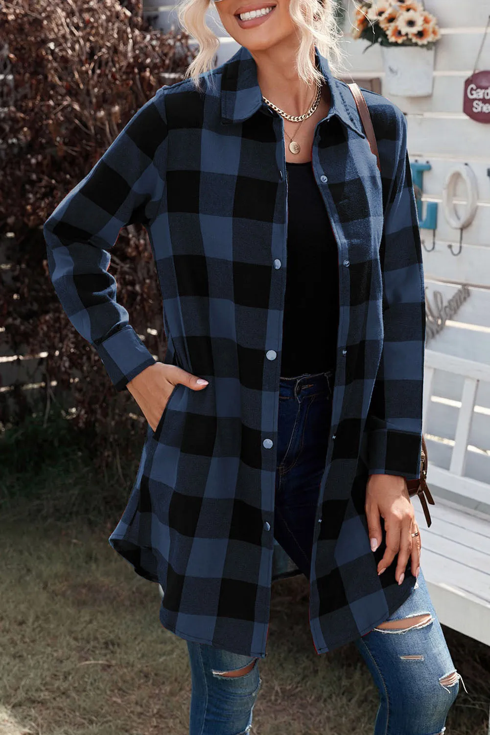 Turn-down Collar Plaid Shirt Coat
