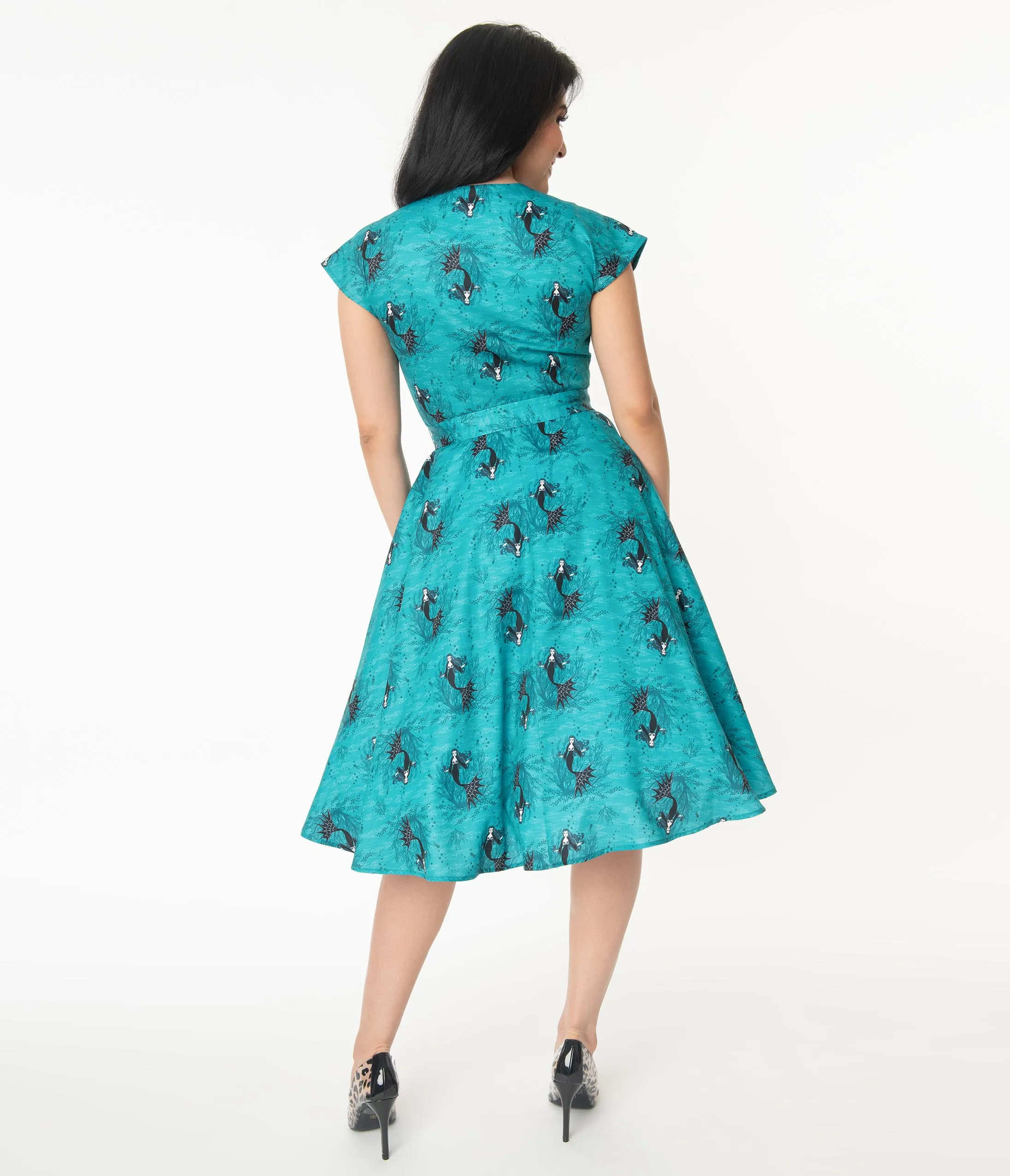 Unique Vintage Aqua Vampire Mermaid Print Hedda Swing Dress