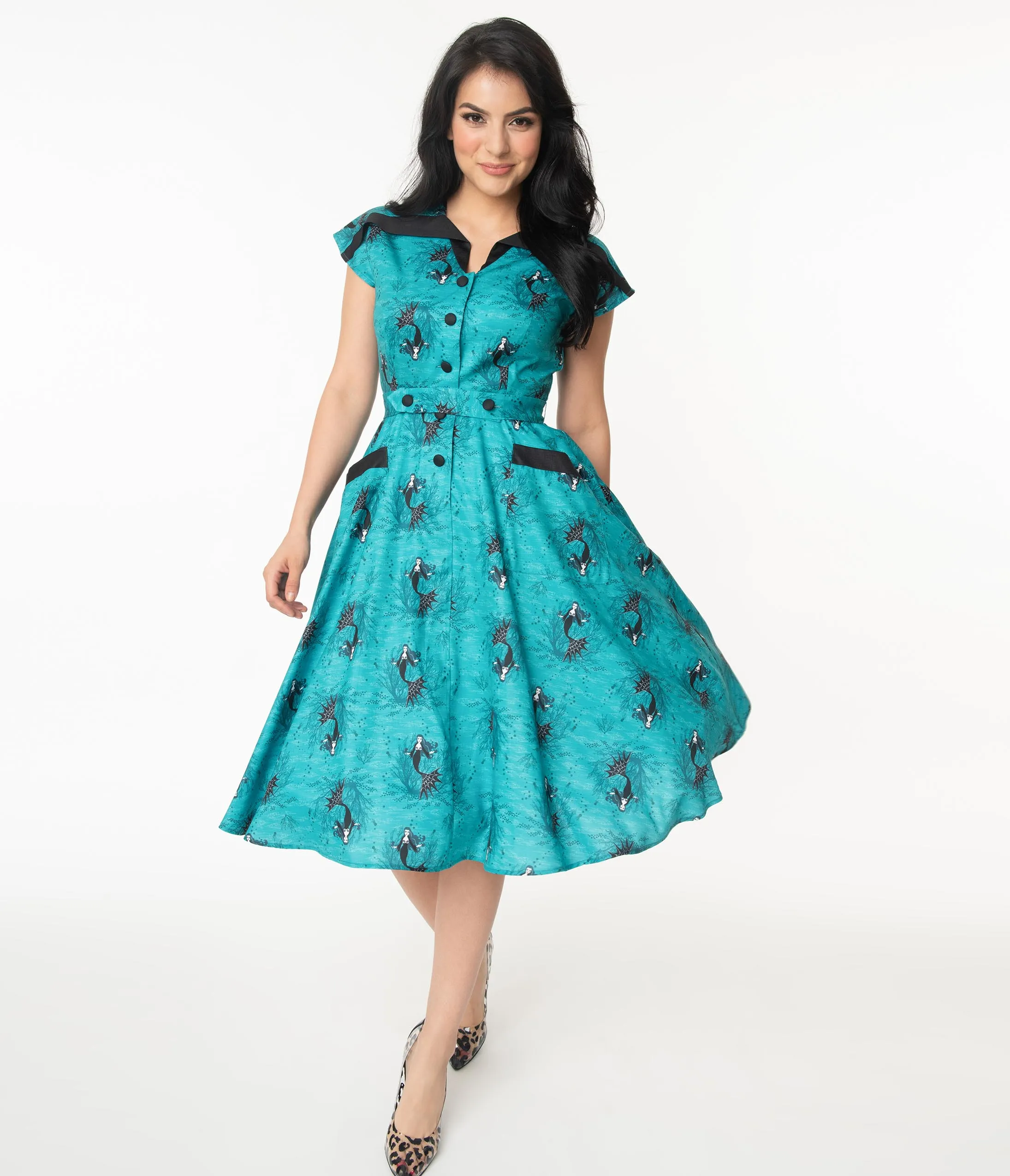 Unique Vintage Aqua Vampire Mermaid Print Hedda Swing Dress