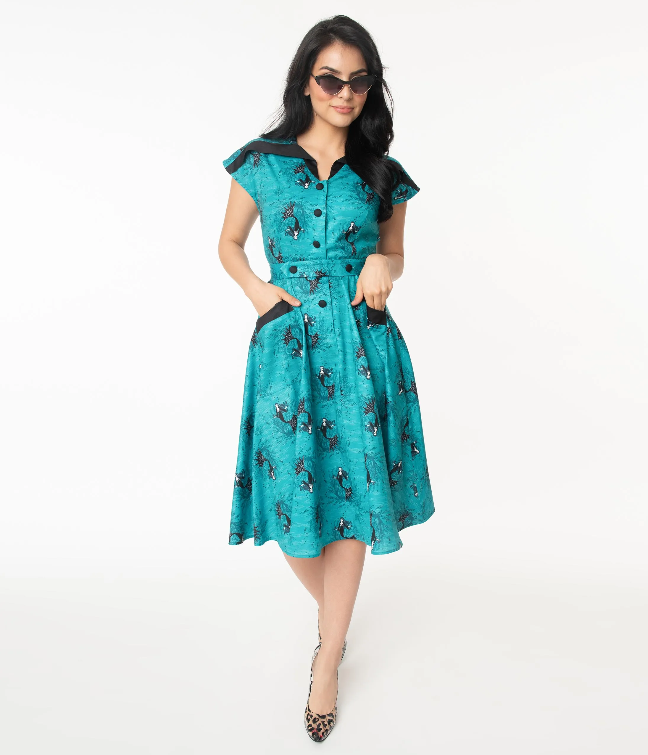 Unique Vintage Aqua Vampire Mermaid Print Hedda Swing Dress