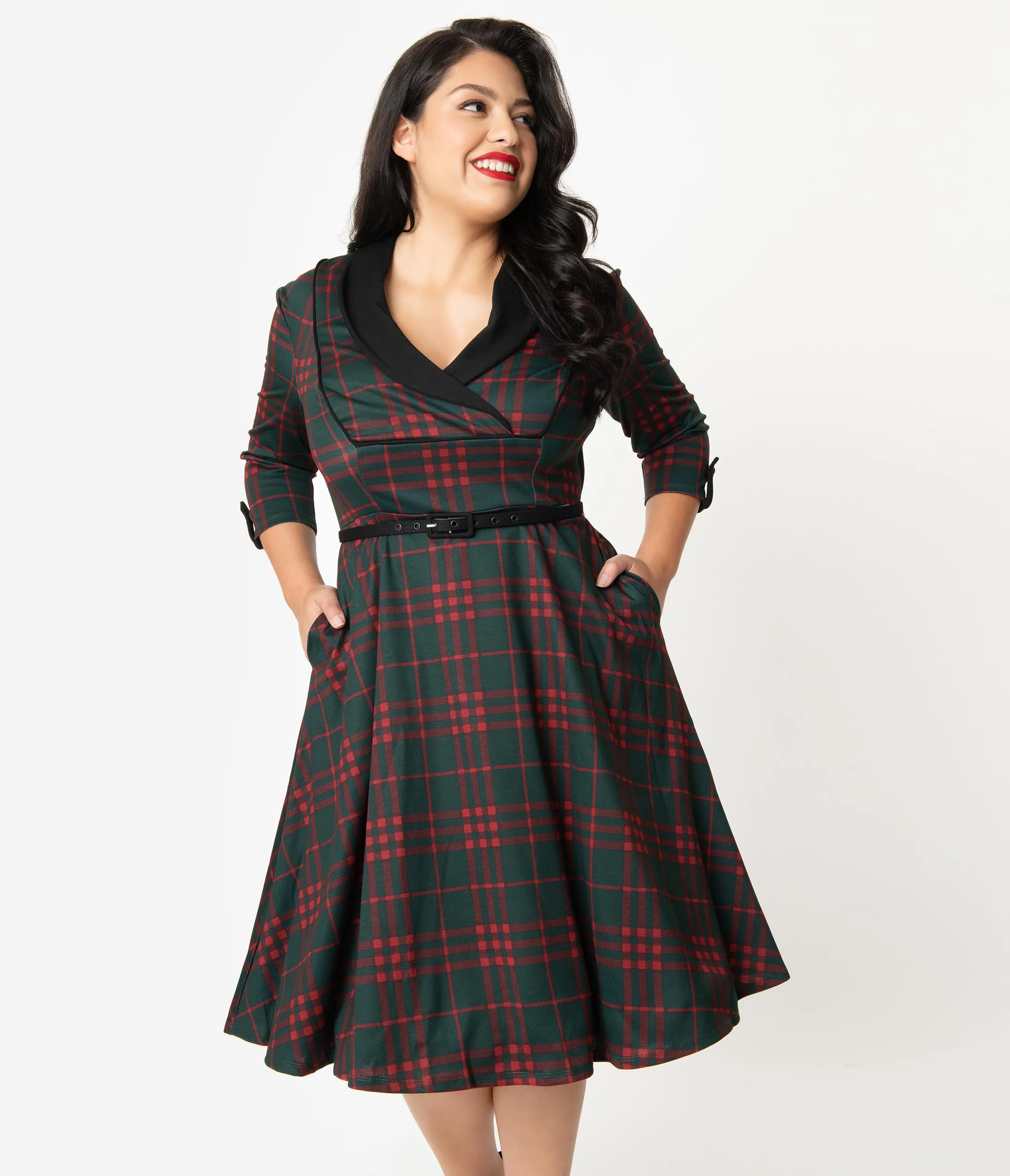 Unique Vintage Plus Size 1950s Emerald Green & Red Plaid Trudy Swing Dress