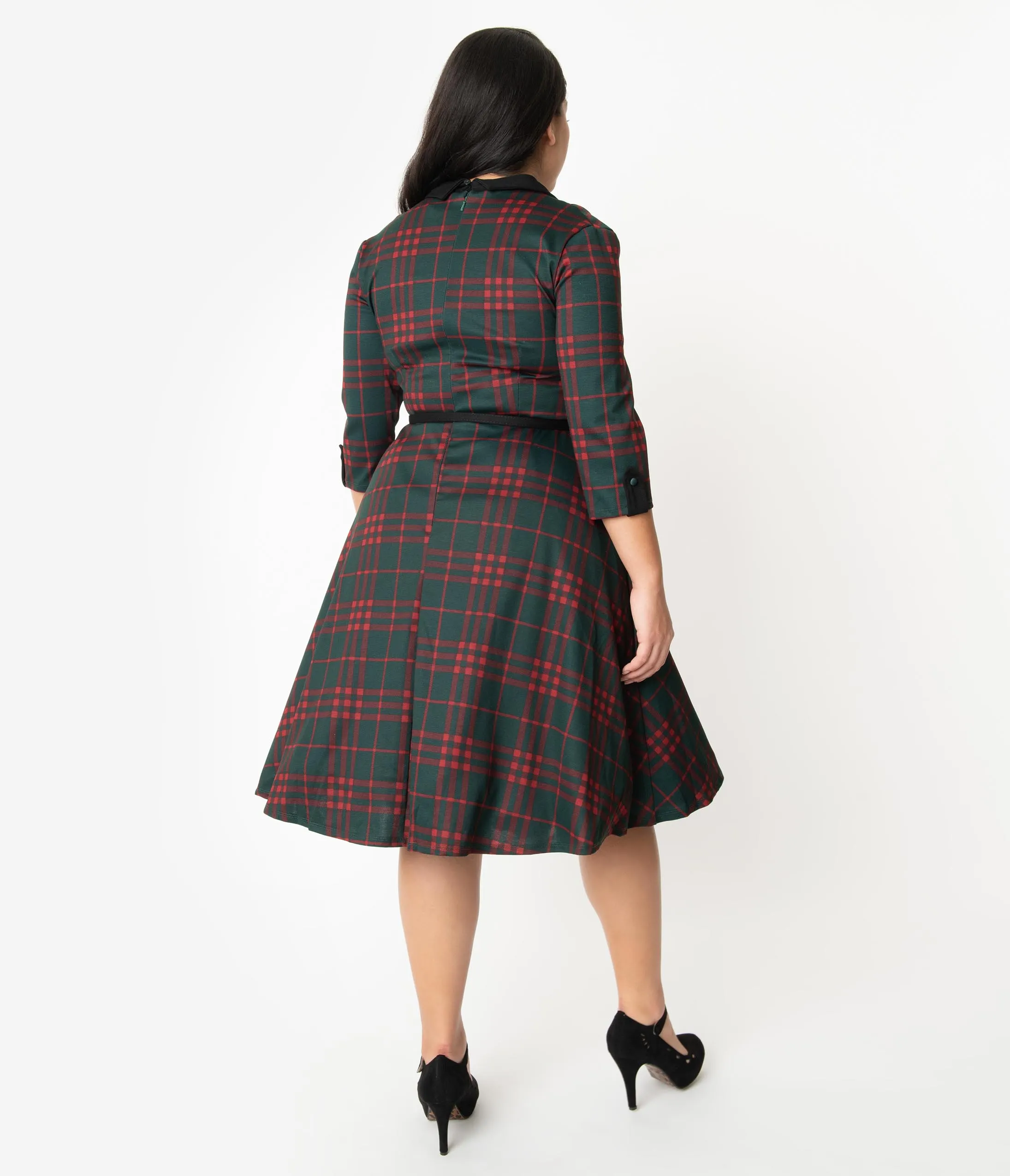 Unique Vintage Plus Size 1950s Emerald Green & Red Plaid Trudy Swing Dress