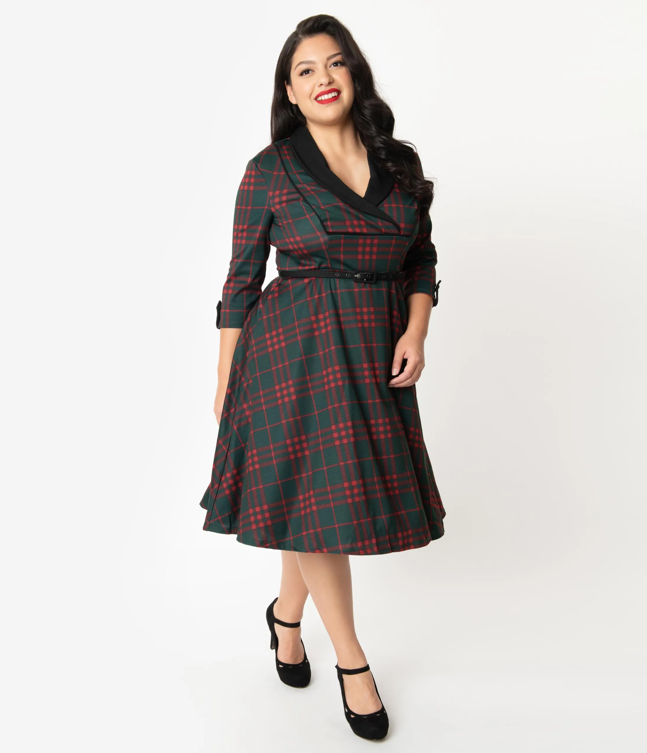 Unique Vintage Plus Size 1950s Emerald Green & Red Plaid Trudy Swing Dress