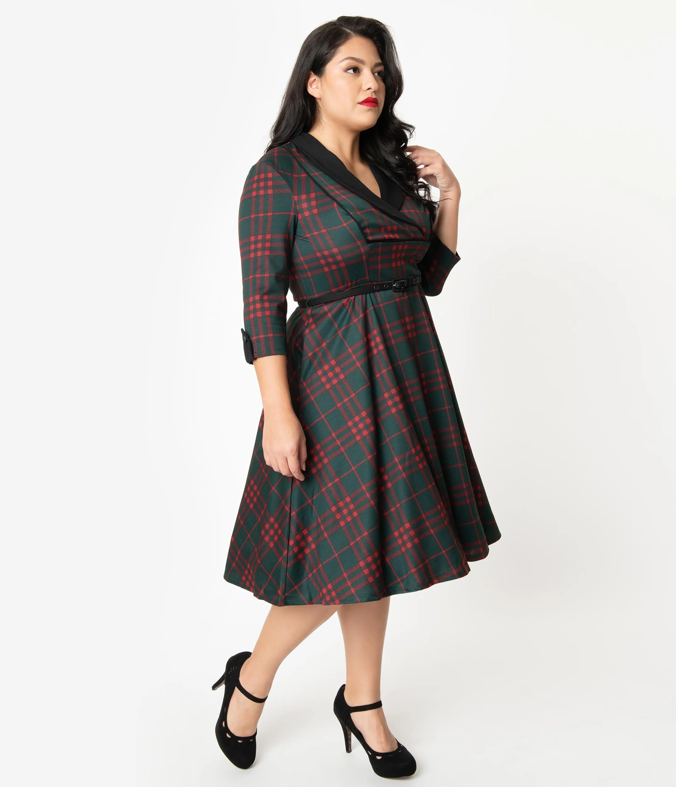 Unique Vintage Plus Size 1950s Emerald Green & Red Plaid Trudy Swing Dress