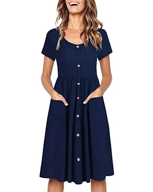 V Neck Button Down Skater Dress