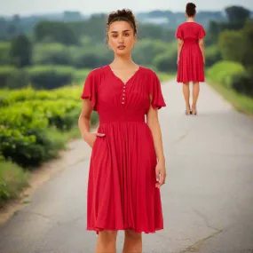 V-Neck Button front Dress - Red