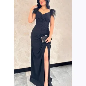 V-Neck Feather Beaded Ruched Satin Sheath Long Evening Dress With Slit