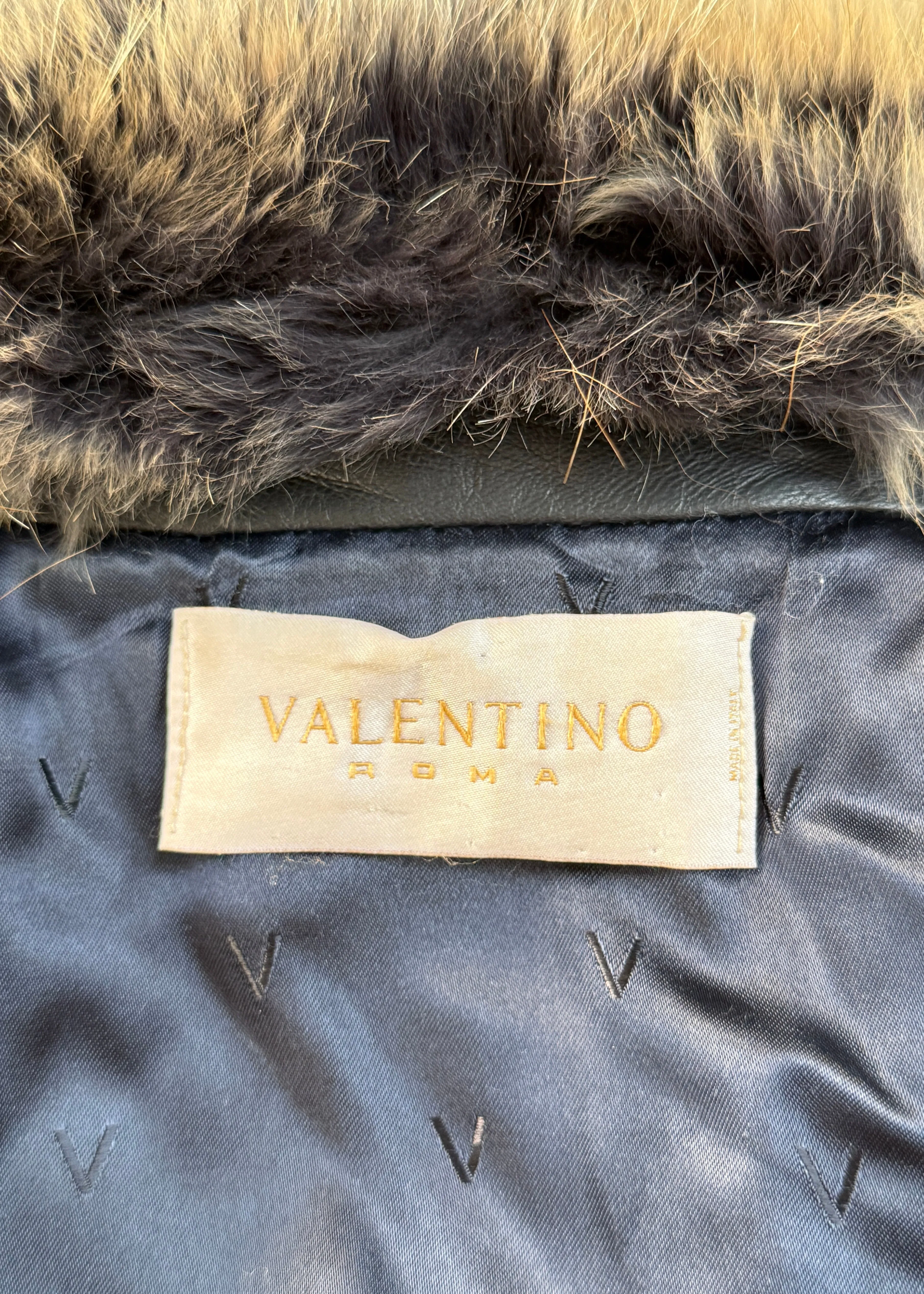 Valentino Roma Black Leather Fur Collar Belted Jacket