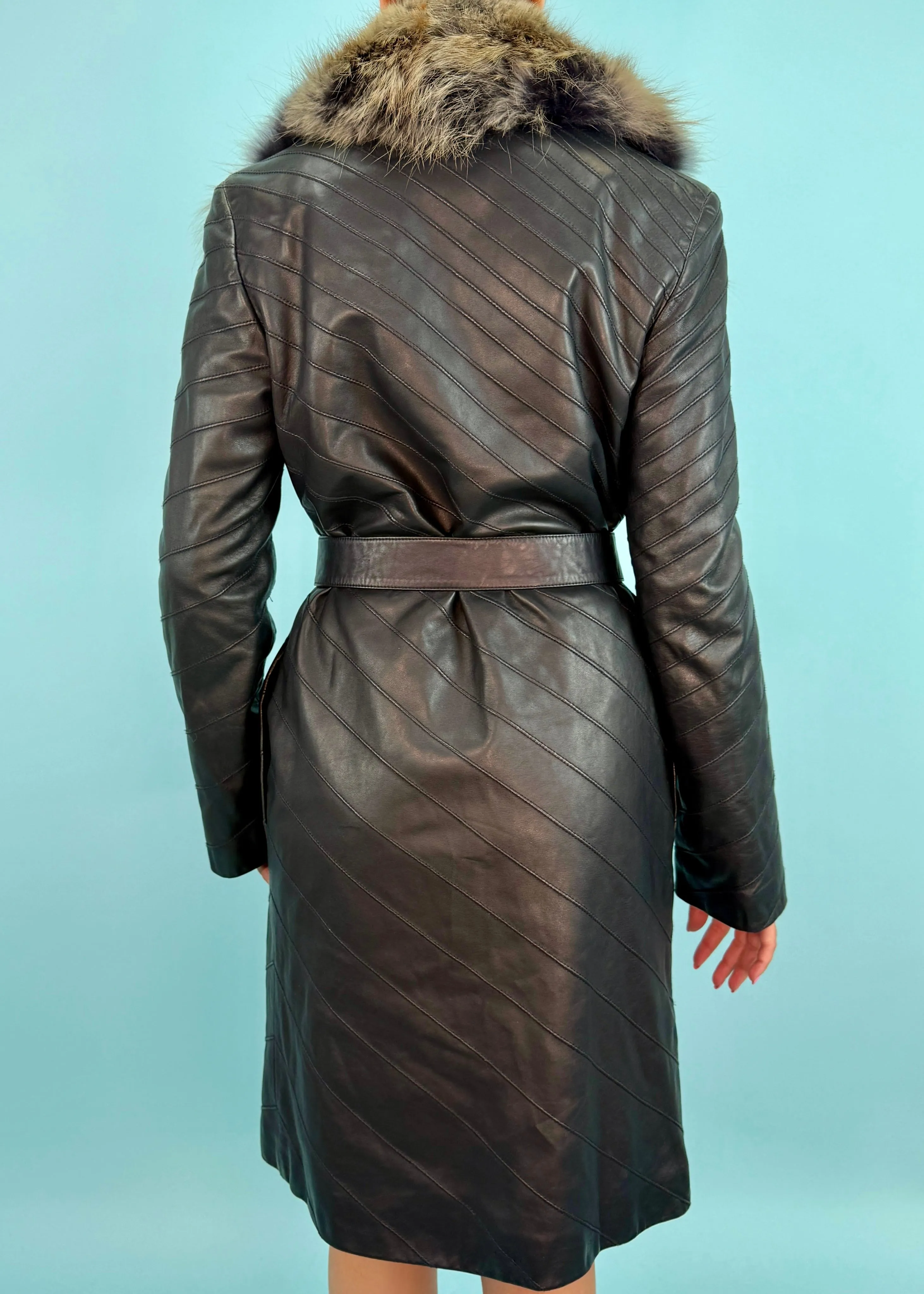 Valentino Roma Black Leather Fur Collar Belted Jacket