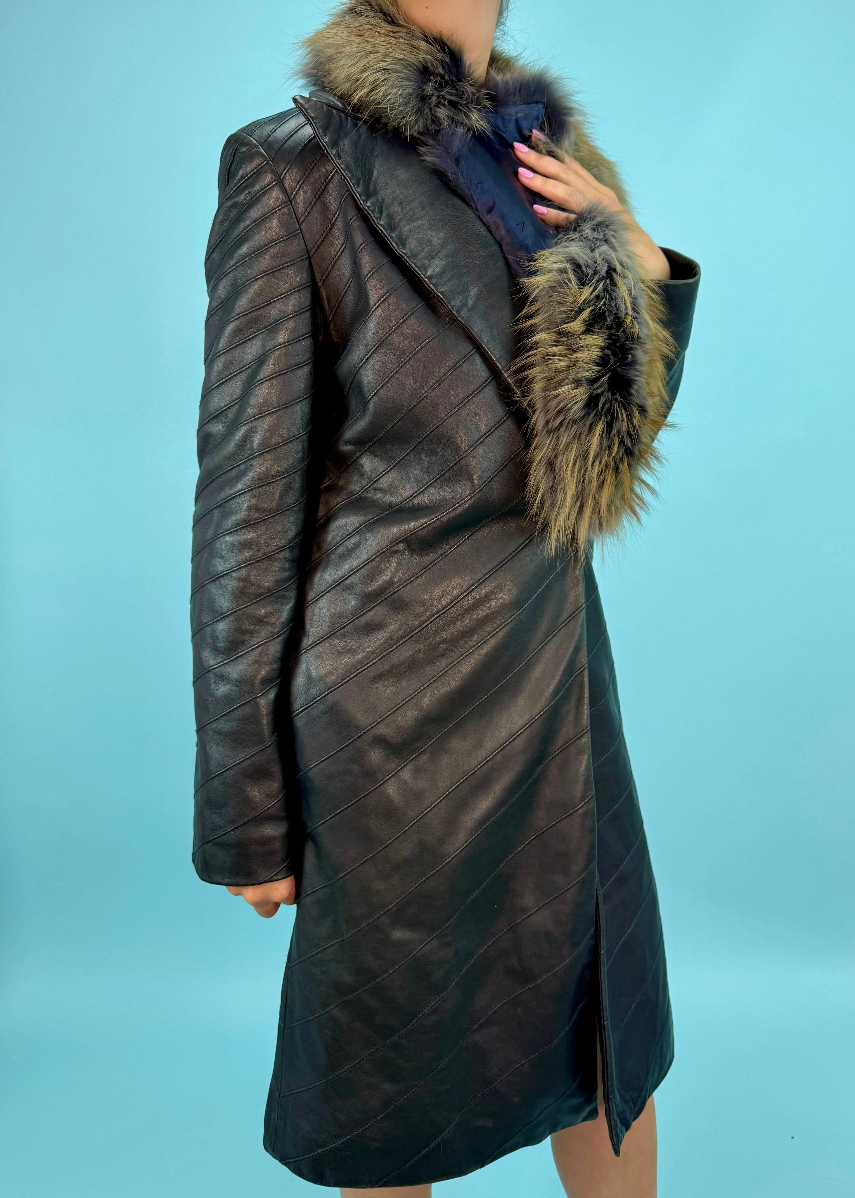 Valentino Roma Black Leather Fur Collar Belted Jacket