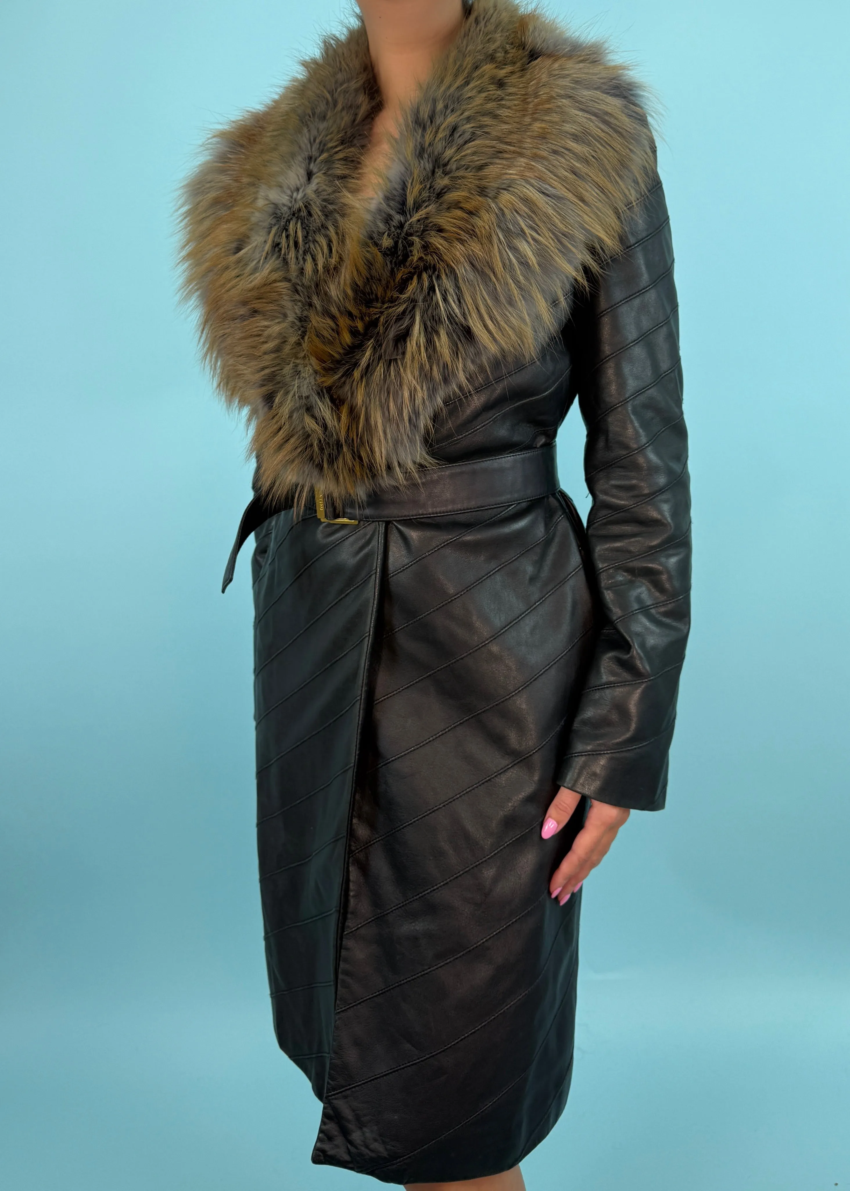 Valentino Roma Black Leather Fur Collar Belted Jacket