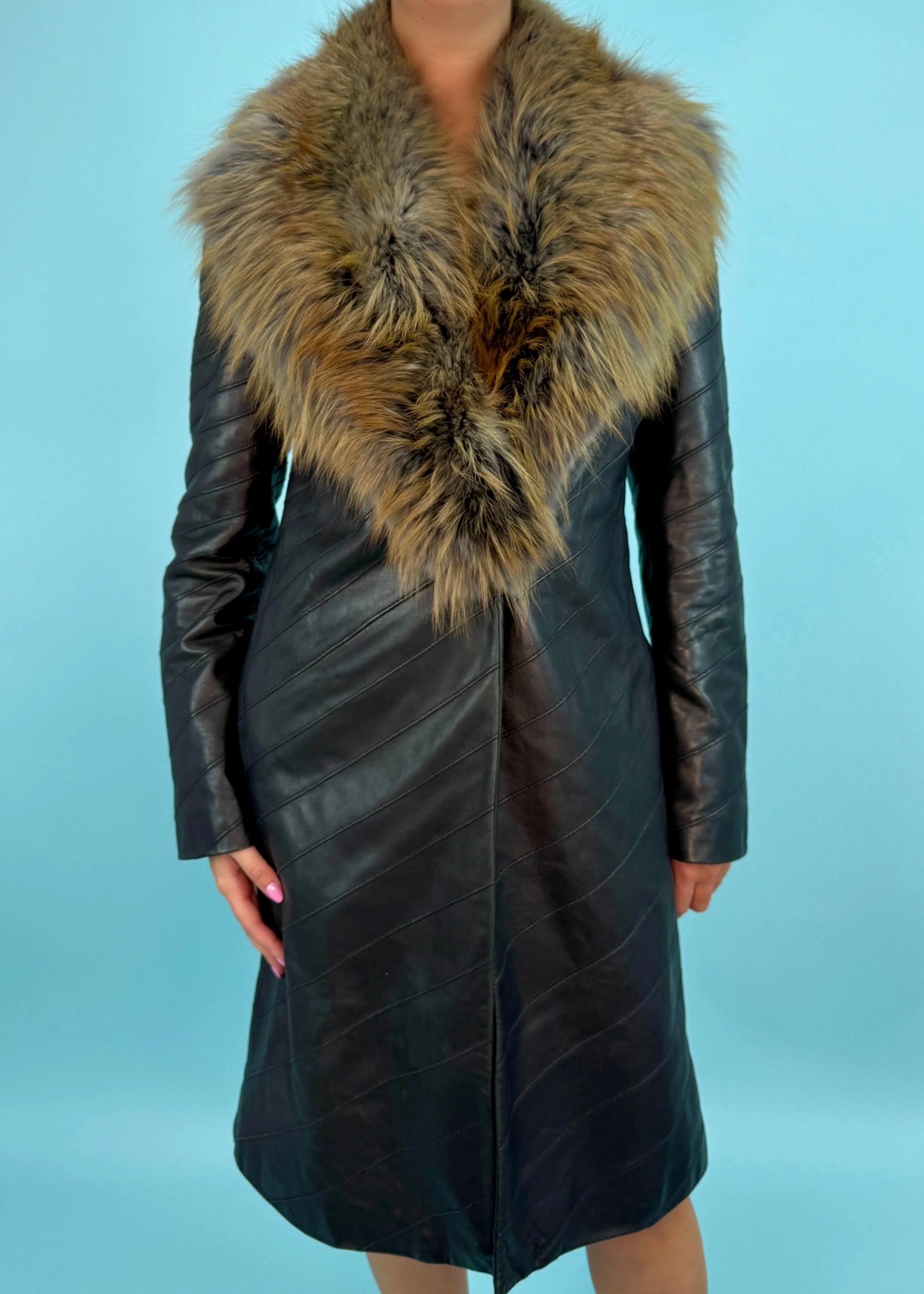 Valentino Roma Black Leather Fur Collar Belted Jacket