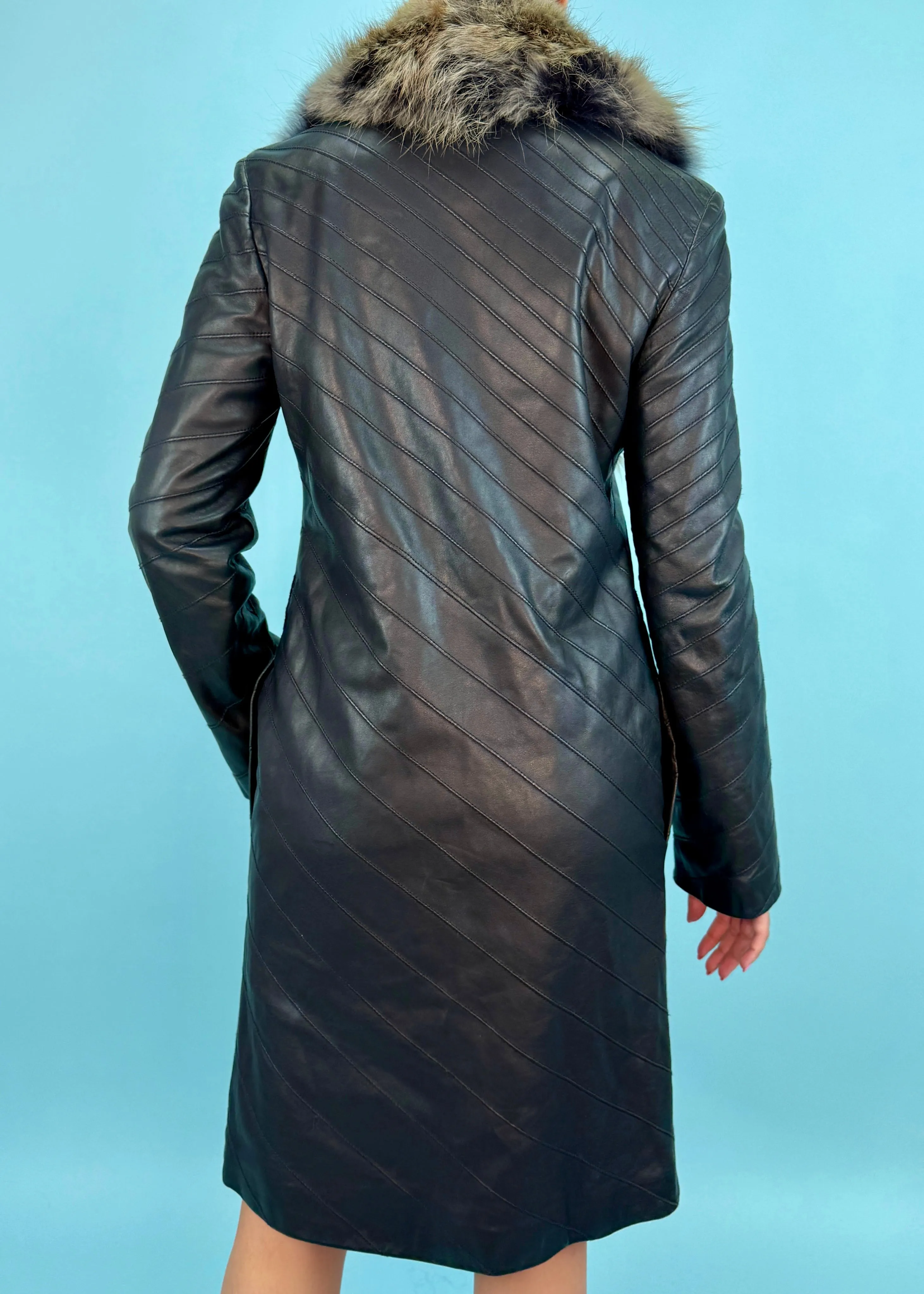 Valentino Roma Black Leather Fur Collar Belted Jacket