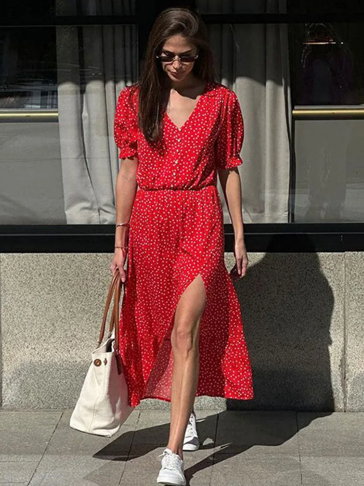 Vanessa Polka Dot Color Block Slit Long Dress