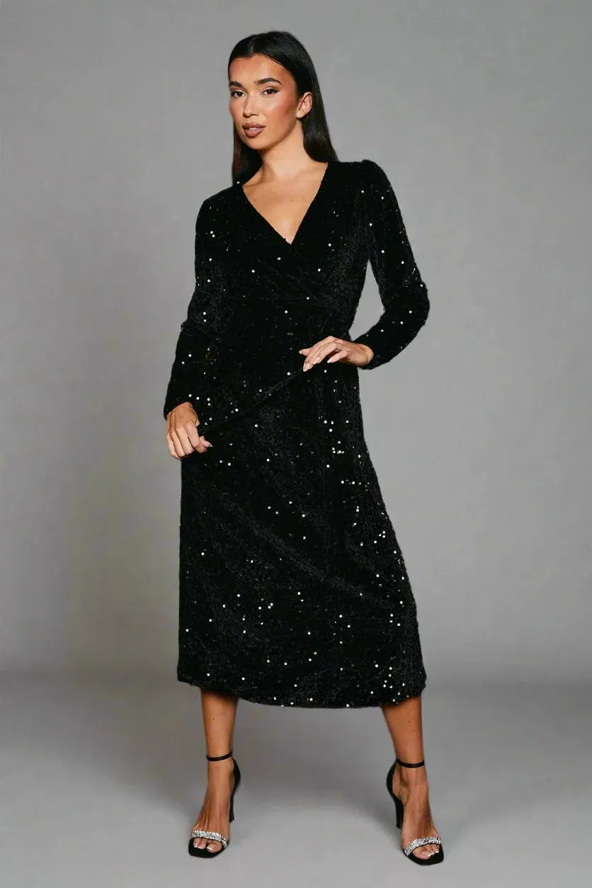 Velvet Sequin Wrap Midi Dress