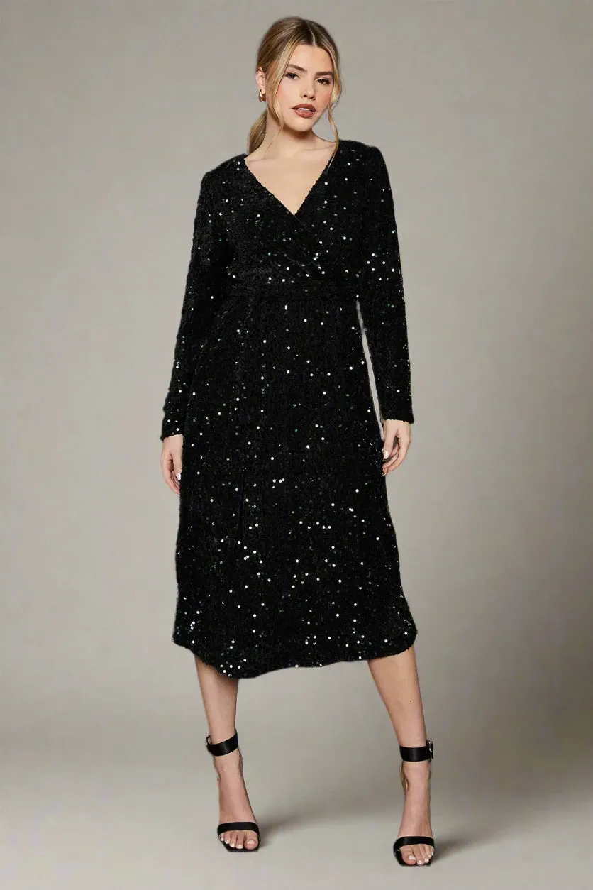Velvet Sequin Wrap Midi Dress