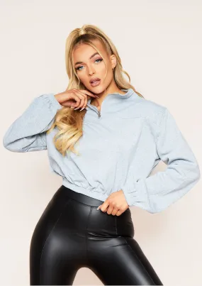 Victoria Grey Quarter Zipped Cropped Jumper