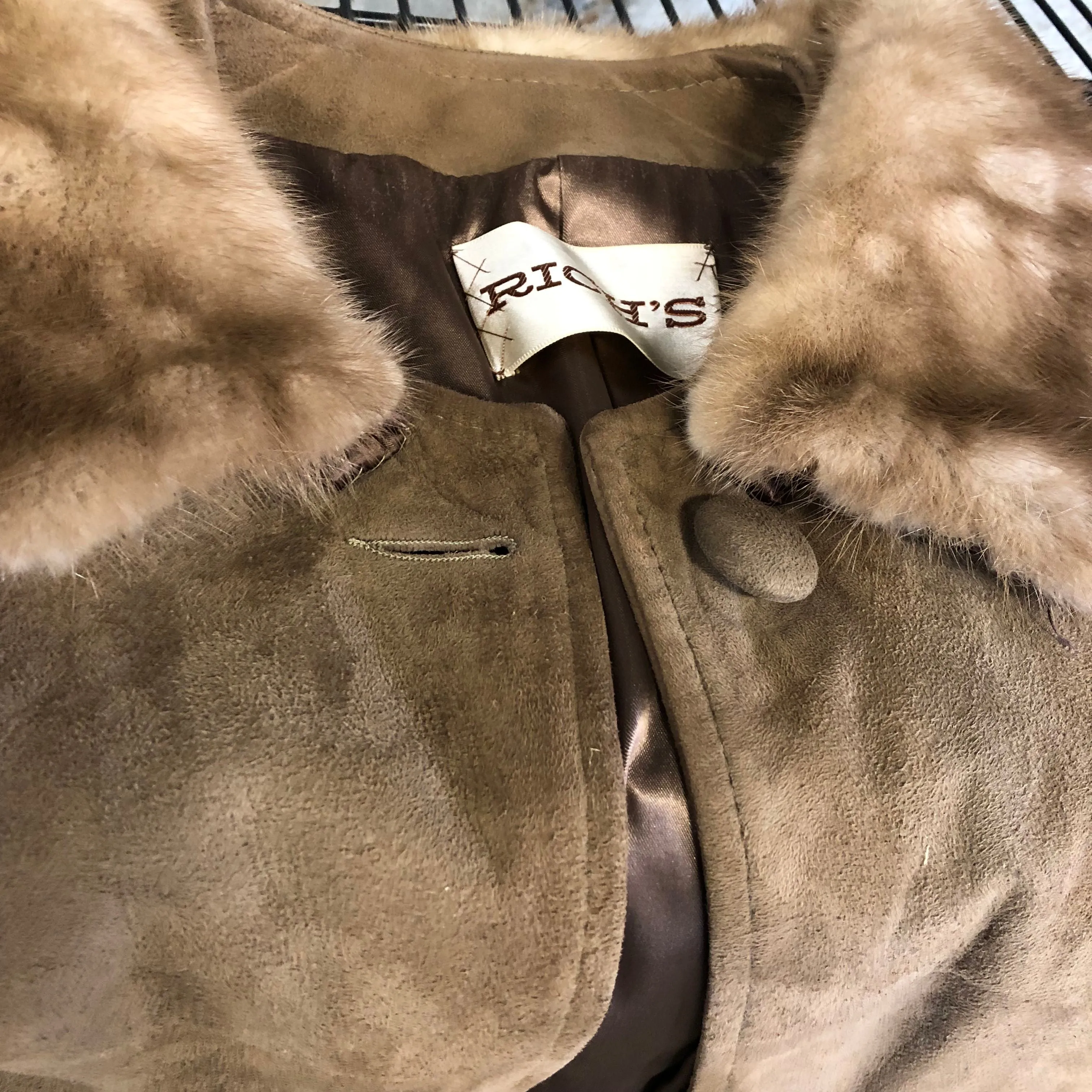 Vintage 1960s Rich's Women's Tan/Brown Long Suede Coat with Mink Fur Collar