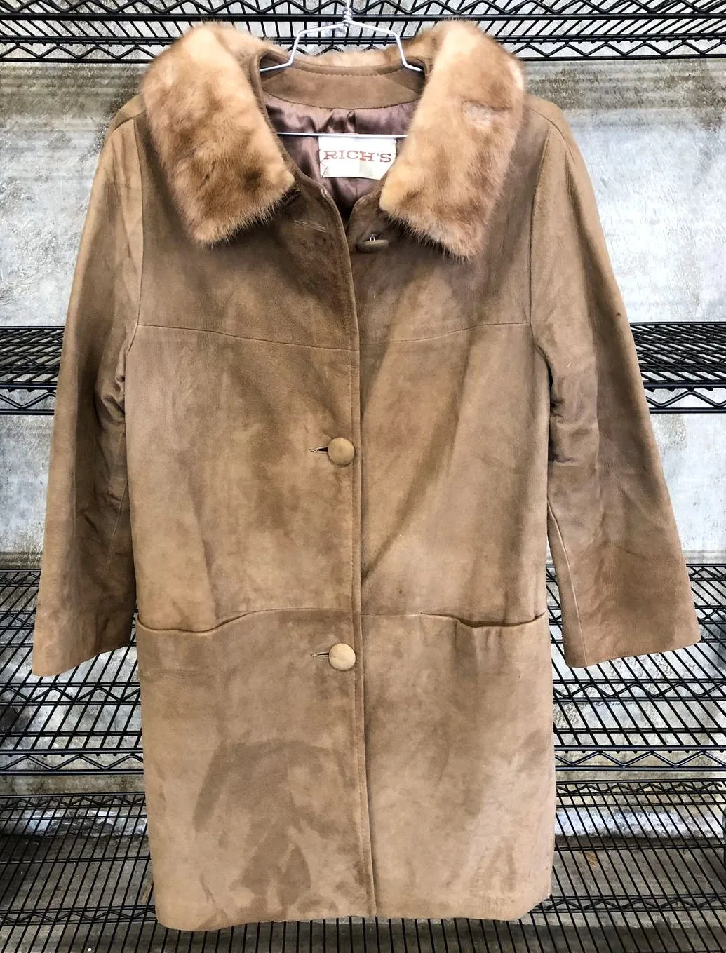 Vintage 1960s Rich's Women's Tan/Brown Long Suede Coat with Mink Fur Collar