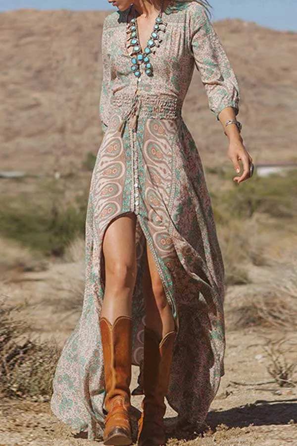 Vintage Print V-neck Tassel Chiffon Dress