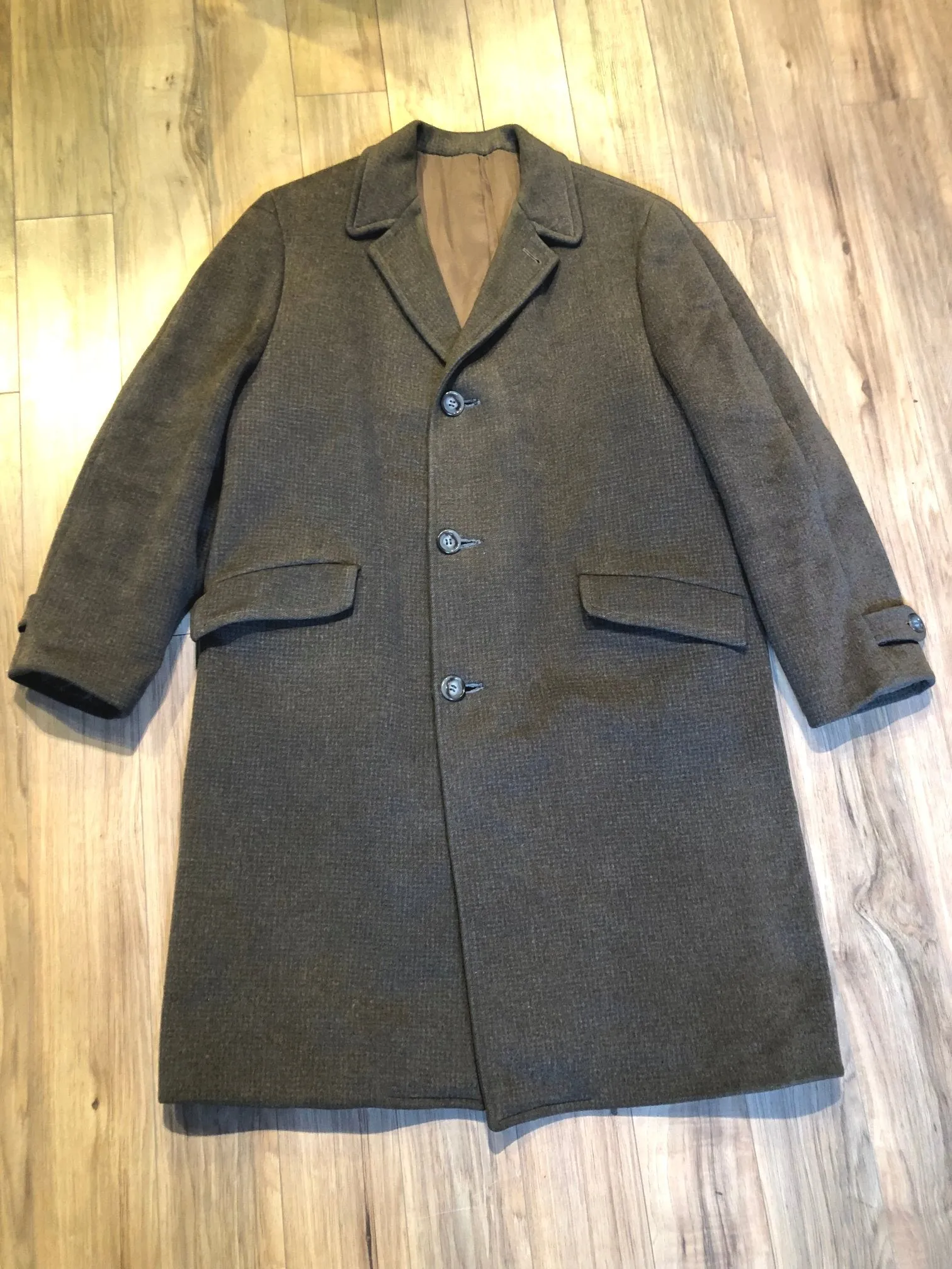 Vintage Subtle Grey Brown Herringbone Heavy Wool Overcoat