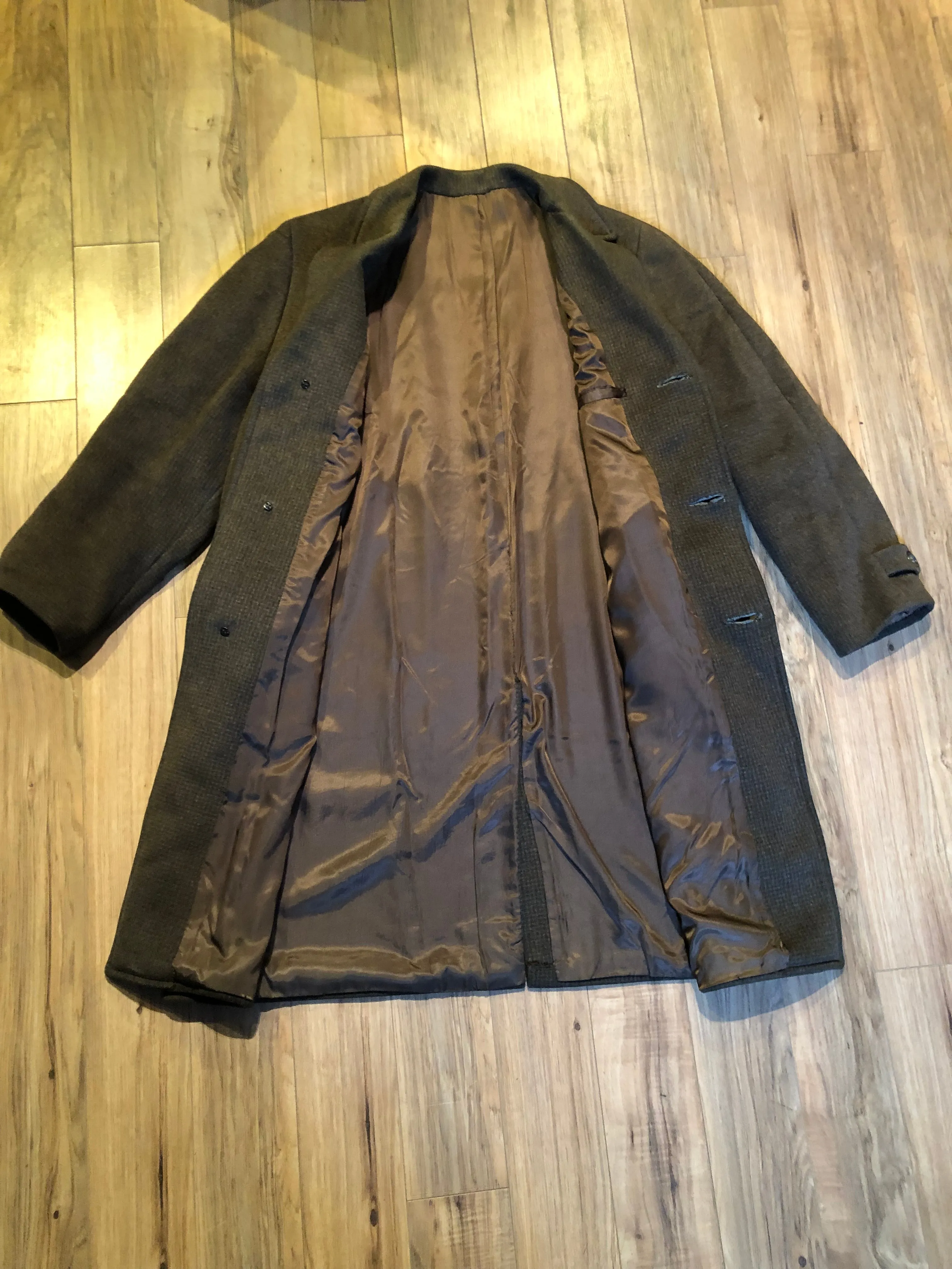 Vintage Subtle Grey Brown Herringbone Heavy Wool Overcoat