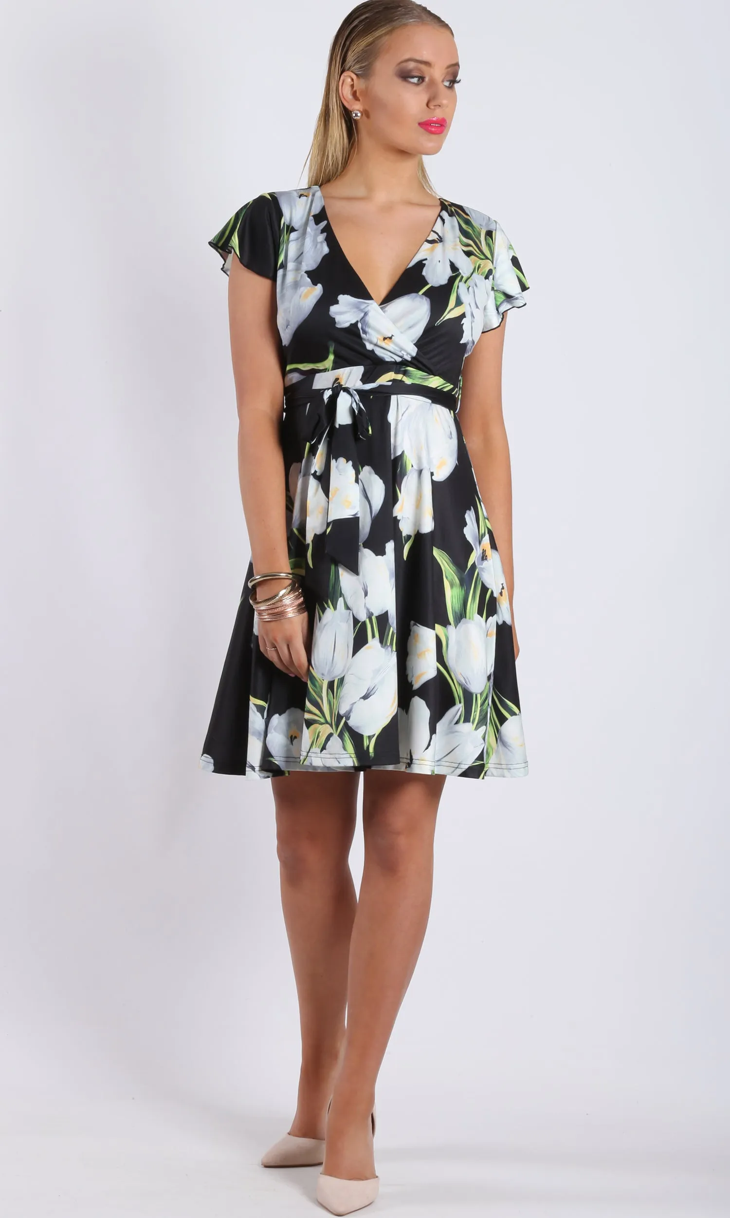 VS7060TB Jersey Flutter Sleeve Wrap Dress (Pack)