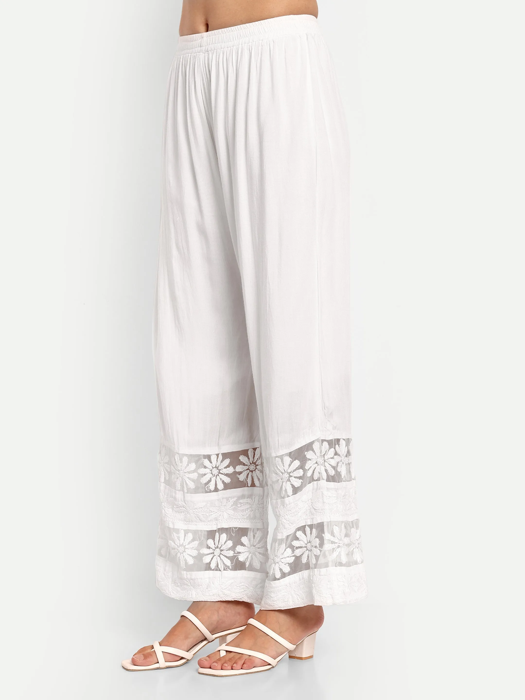 White Flared Cotton Chikankari Embroidered Palazzo