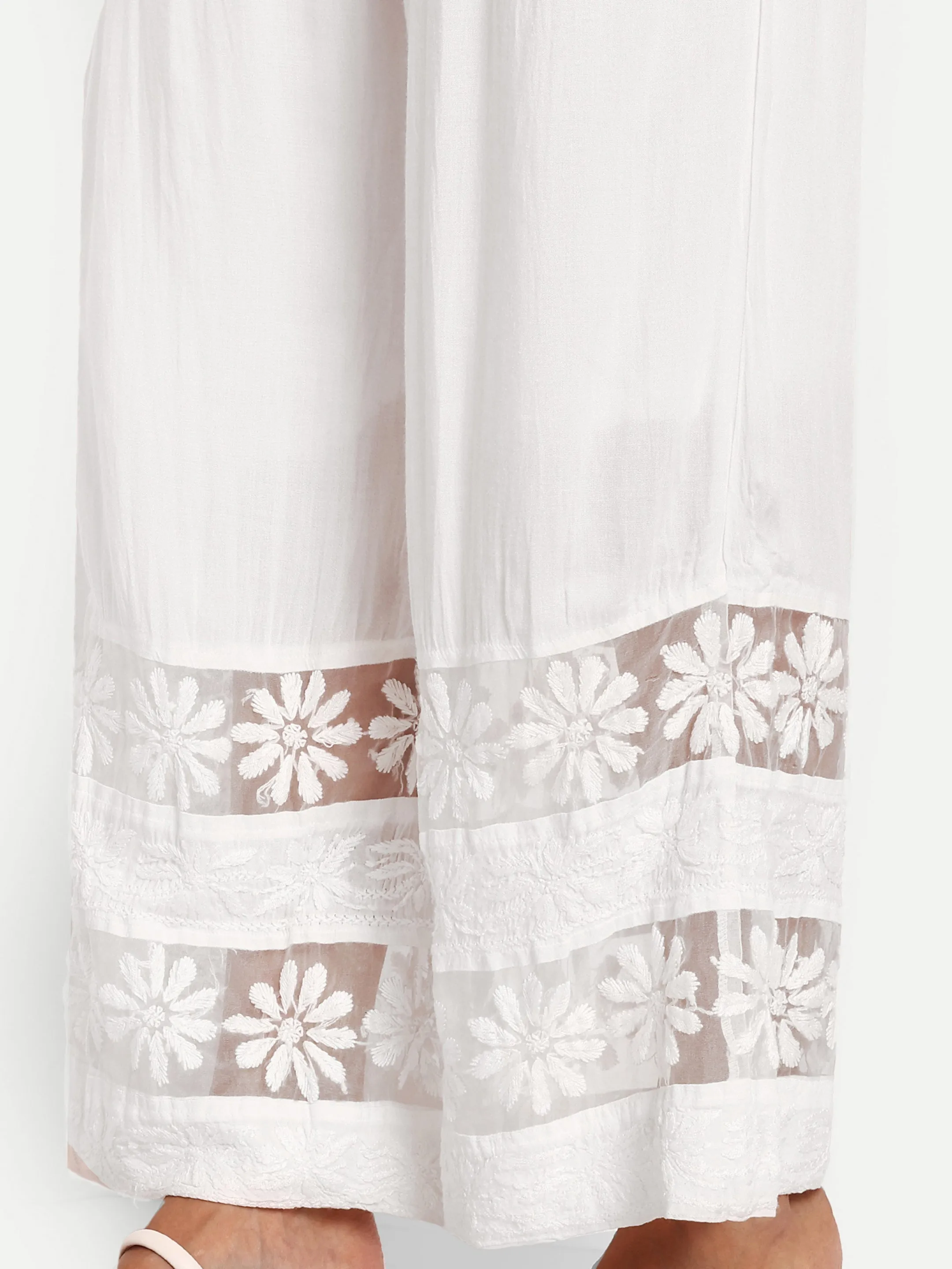 White Flared Cotton Chikankari Embroidered Palazzo