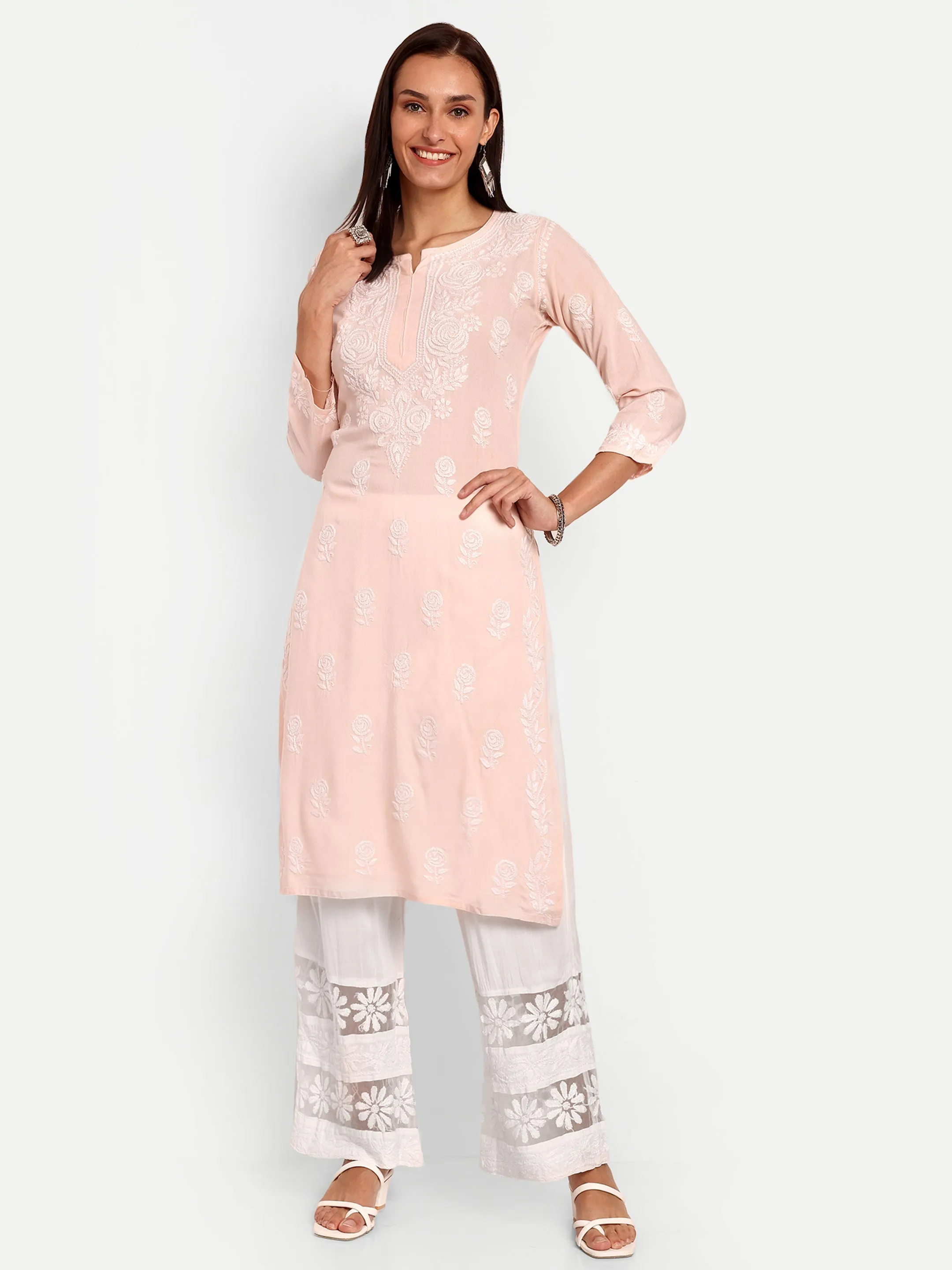 White Flared Cotton Chikankari Embroidered Palazzo
