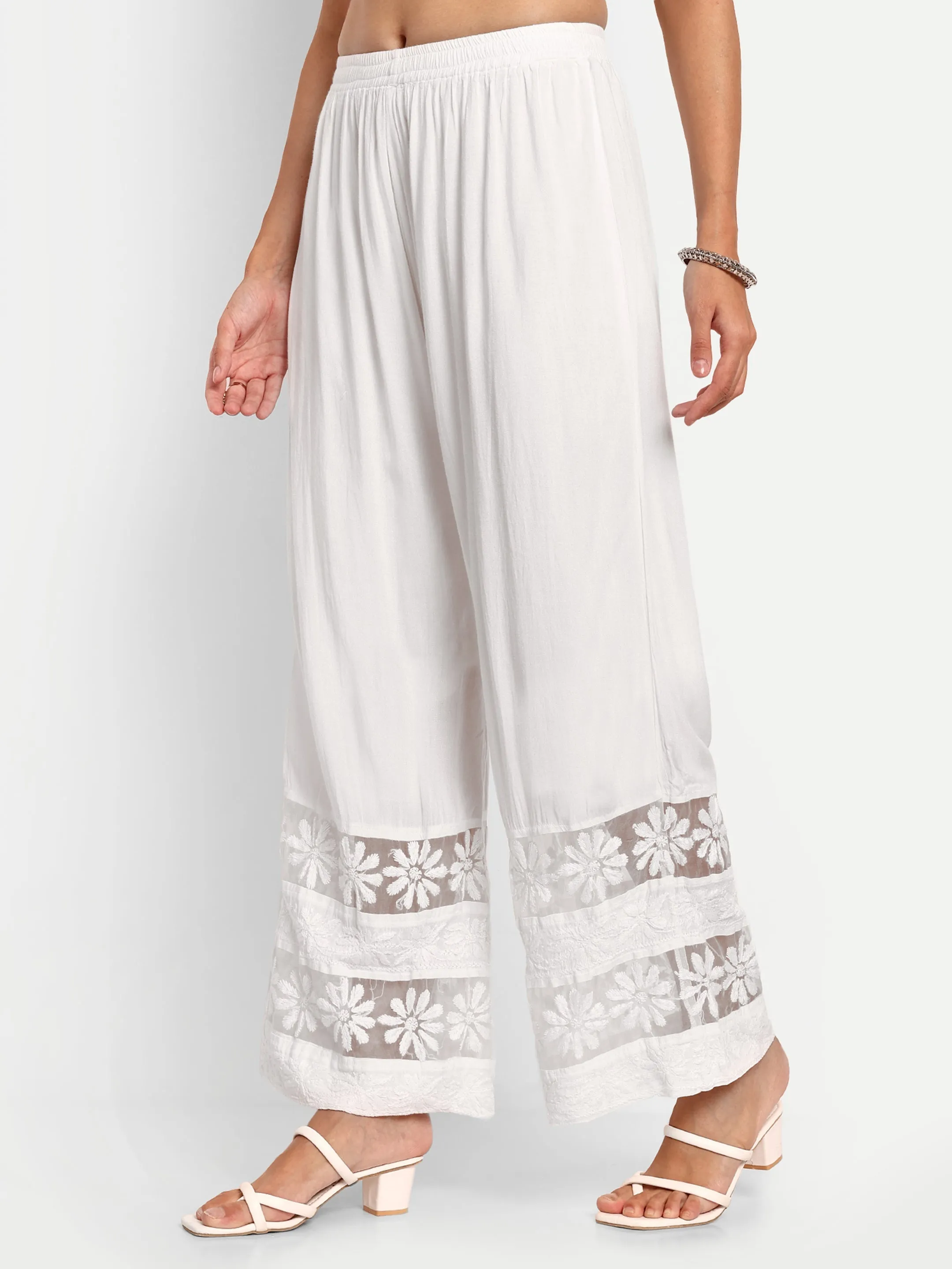 White Flared Cotton Chikankari Embroidered Palazzo