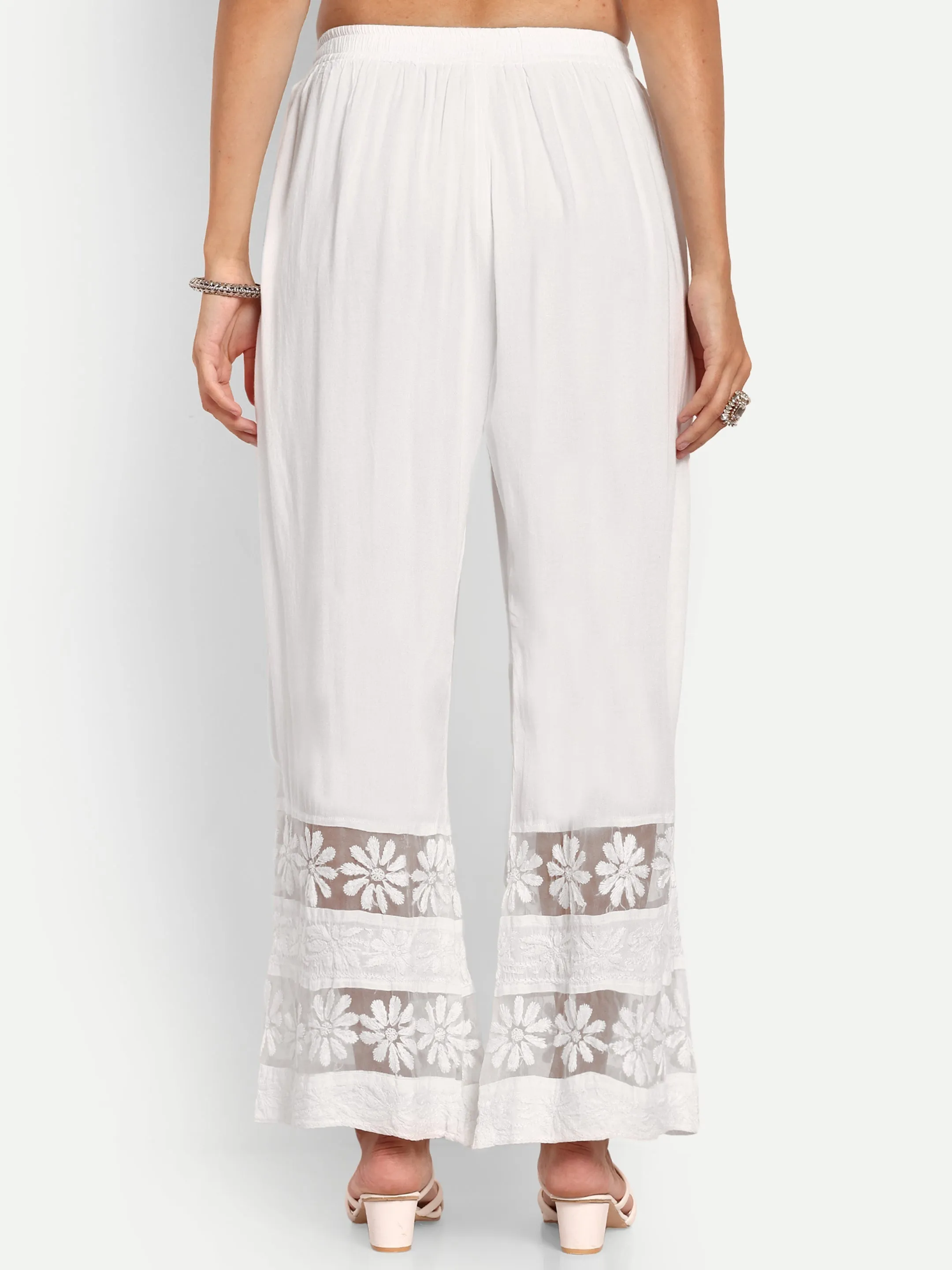 White Flared Cotton Chikankari Embroidered Palazzo
