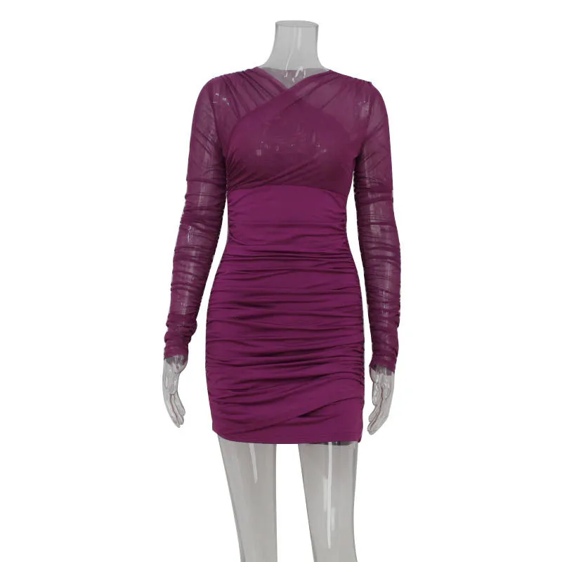 Women Lace Cross Long Sleeve Short Party Dress