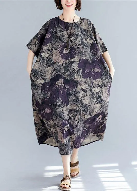 Women o neck pockets linen cotton summer Wardrobes Sleeve floral Dress