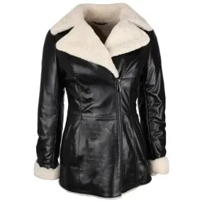 Women's Black Shearling Lambskin Leather Trench Overcoat Elegant & Warm