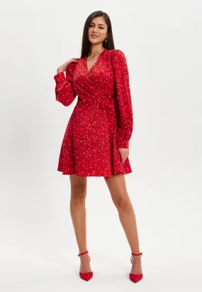 Women's Mini Dress with Long Sleeves in Red - Heart Print Wrap Style, V Neck, Adjustable Tie Waist, by Liquorish