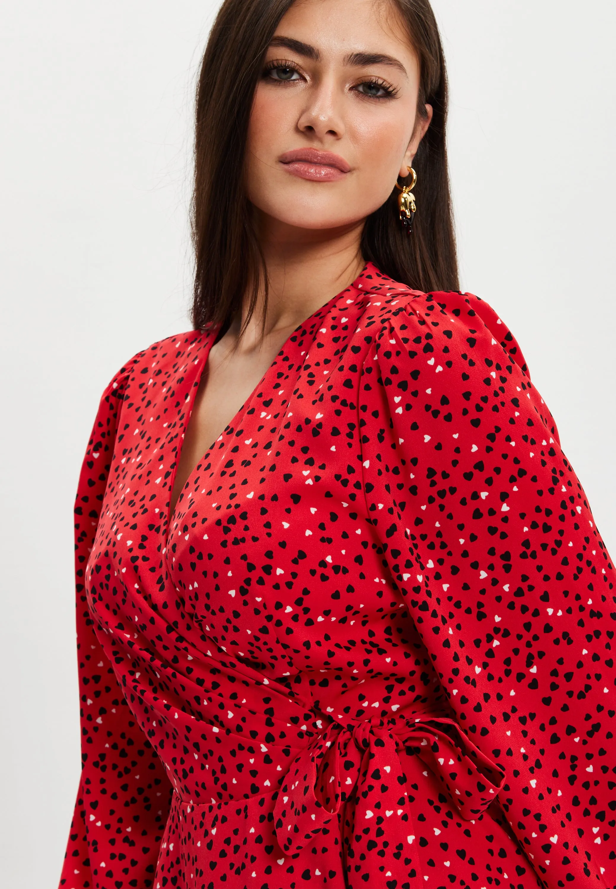 Women's Mini Dress with Long Sleeves in Red - Heart Print Wrap Style, V Neck, Adjustable Tie Waist, by Liquorish