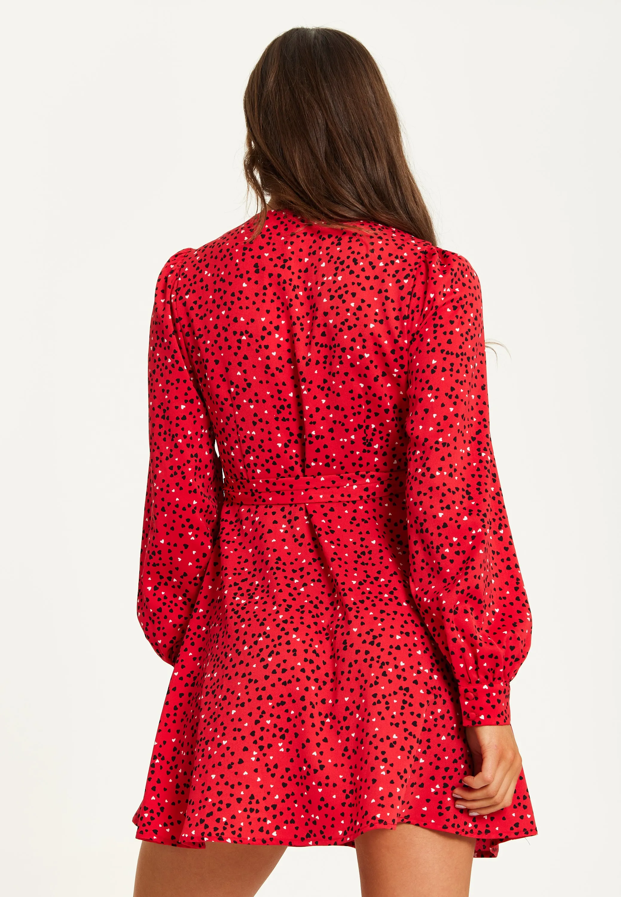 Women's Mini Dress with Long Sleeves in Red - Heart Print Wrap Style, V Neck, Adjustable Tie Waist, by Liquorish