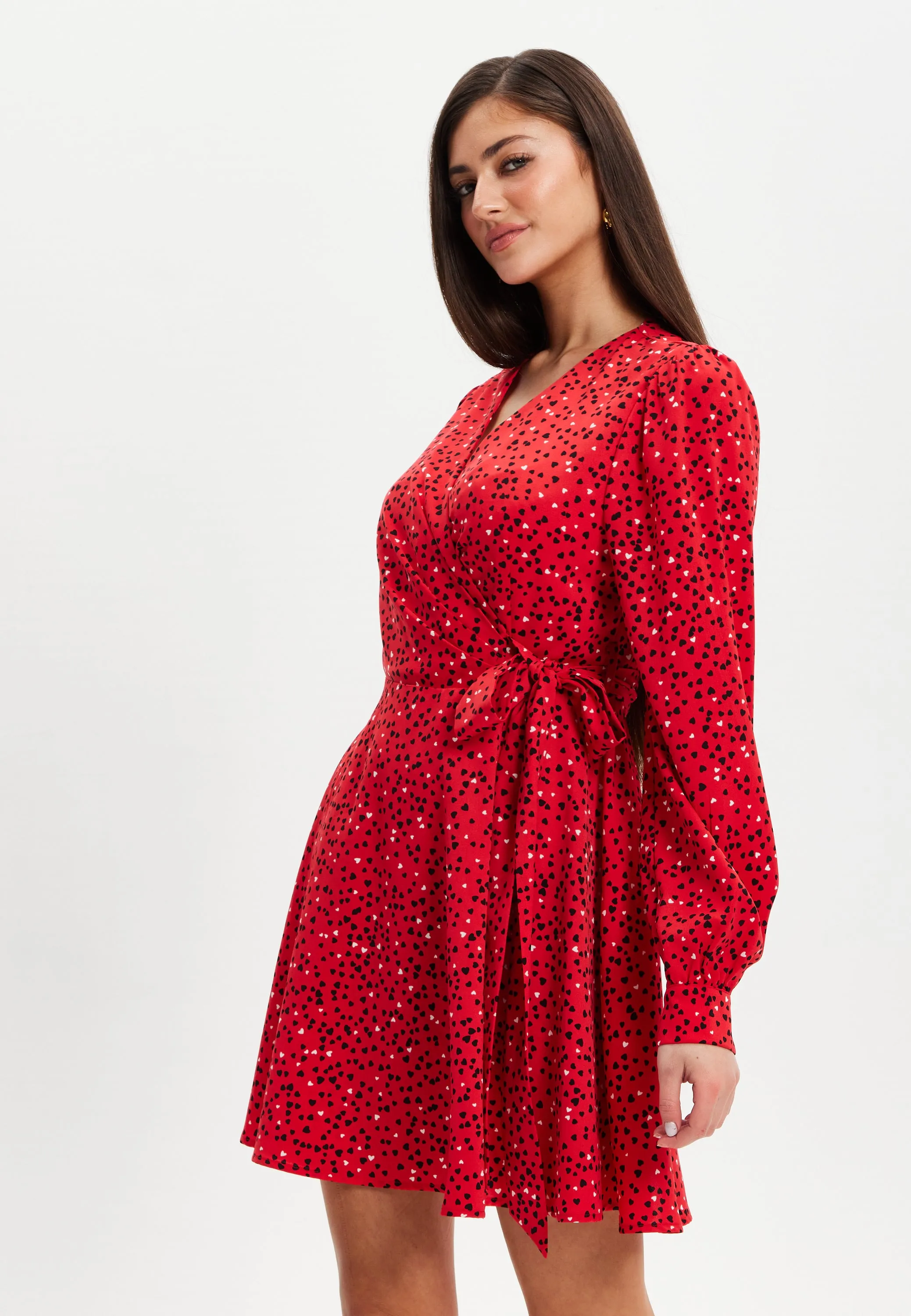 Women's Mini Dress with Long Sleeves in Red - Heart Print Wrap Style, V Neck, Adjustable Tie Waist, by Liquorish