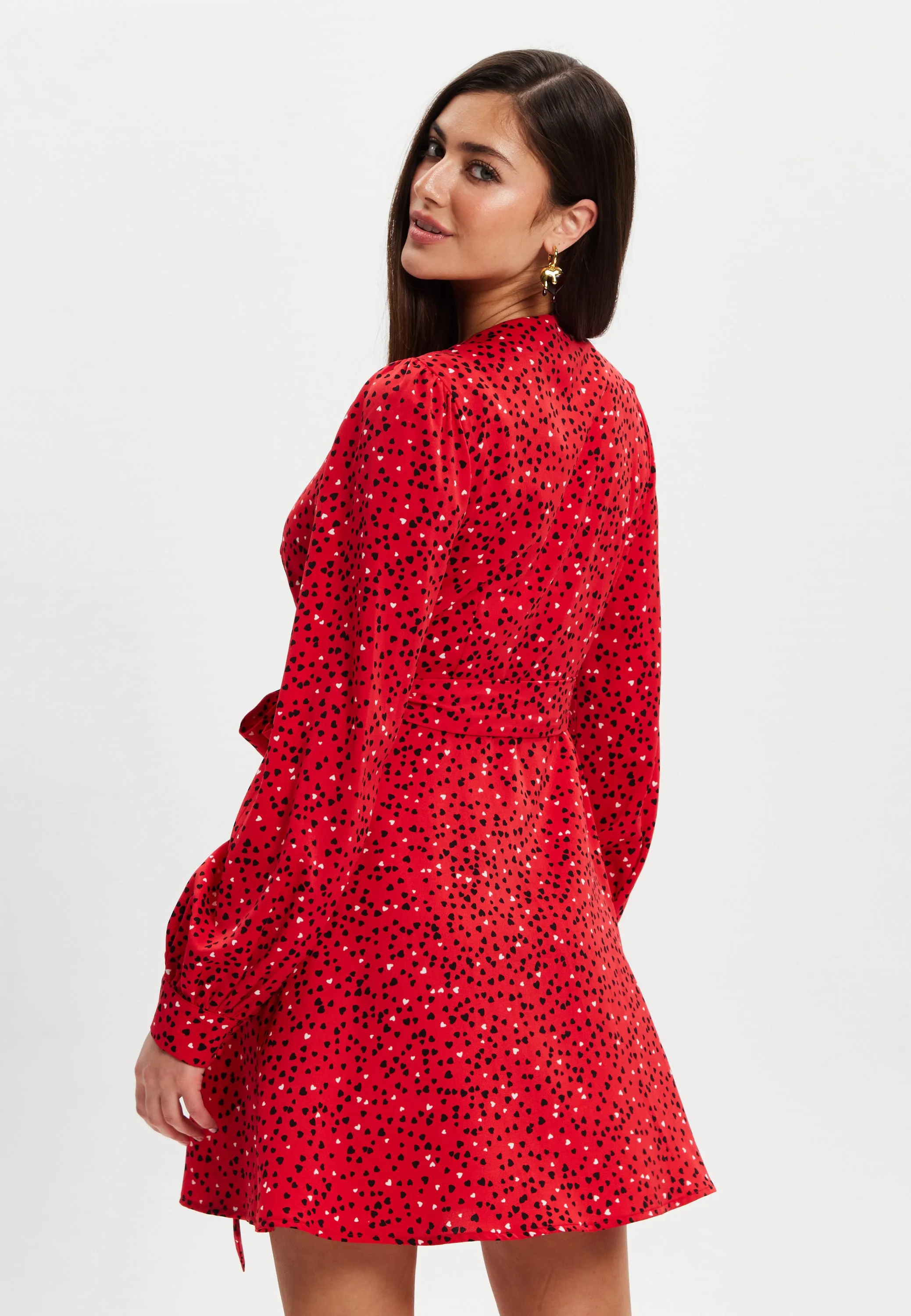Women's Mini Dress with Long Sleeves in Red - Heart Print Wrap Style, V Neck, Adjustable Tie Waist, by Liquorish