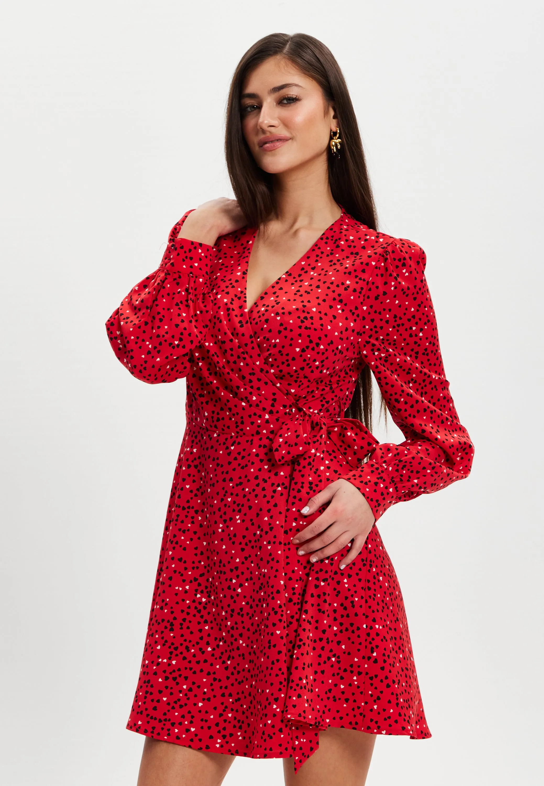 Women's Mini Dress with Long Sleeves in Red - Heart Print Wrap Style, V Neck, Adjustable Tie Waist, by Liquorish