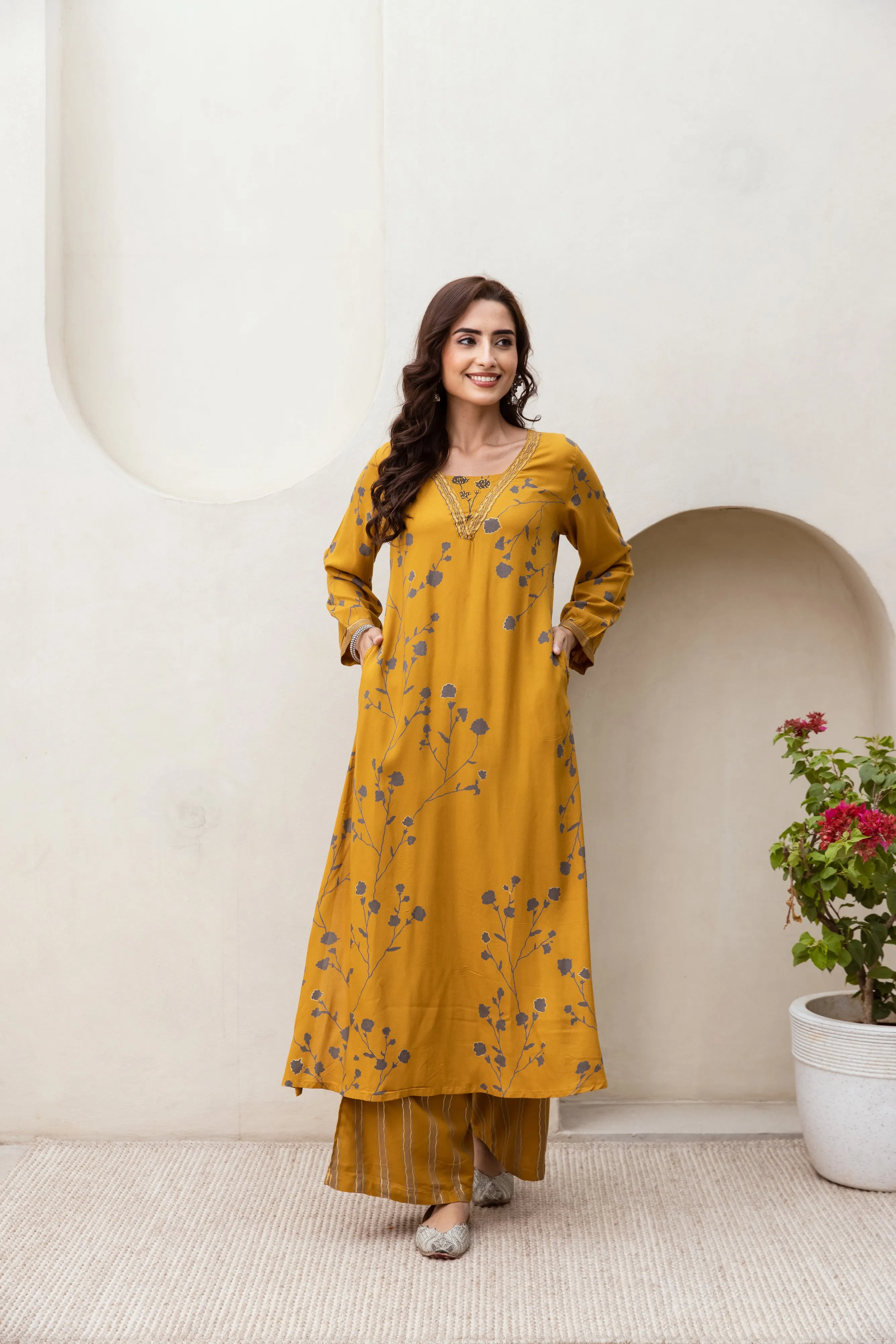 Women's Mustard German Rayon Kurta Palazzo Set