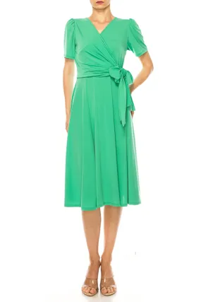 Women's Stylish Solid Faux Wrap Dress with Deep V-Neck