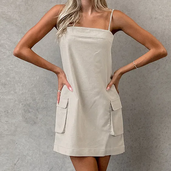Women's Summer Cotton Linen Square Neck Spaghetti Strap High Waist Dress